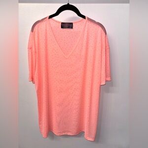 Peach Rhinestone V-Neck Short Sleeve Mesh Tee